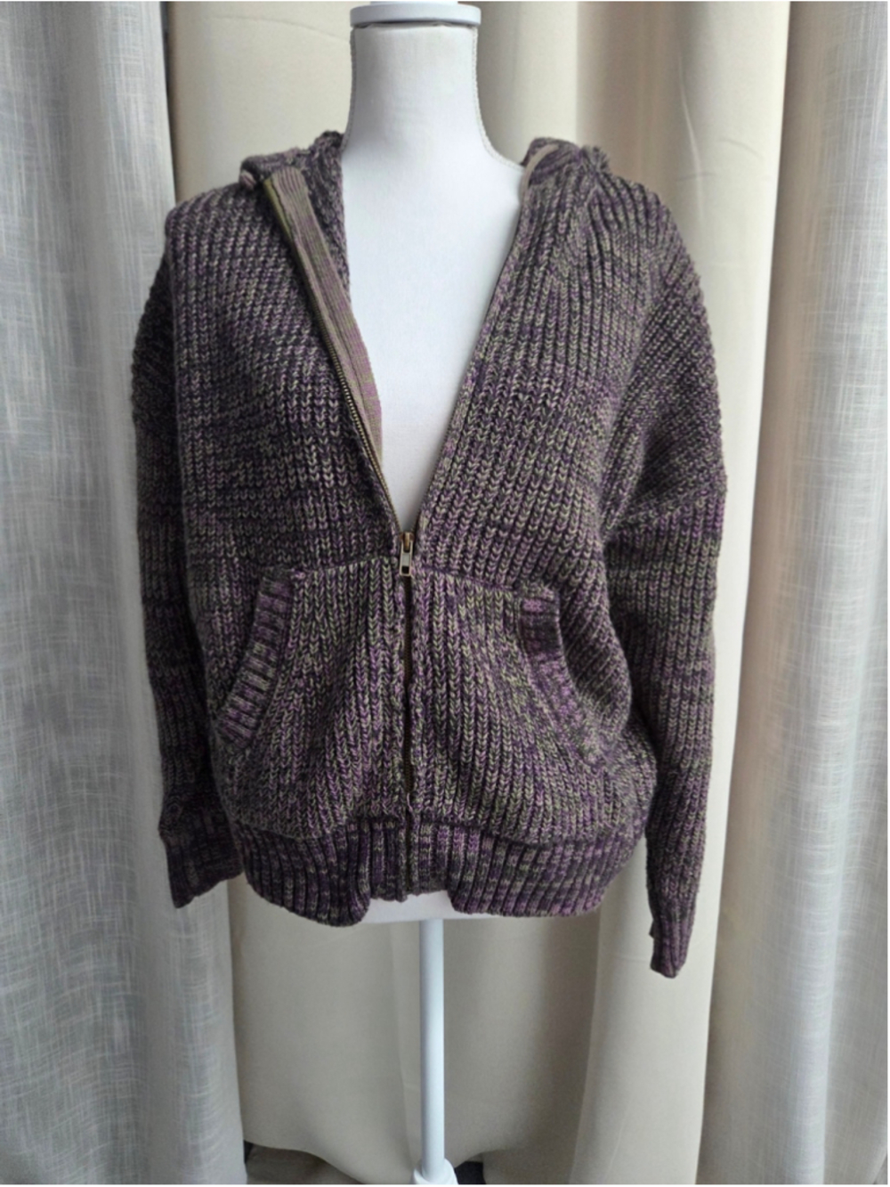 Cozy Hooded Zip-Front Cardigan Sweater - Purple/Gray